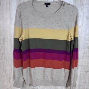 Talbots Petites Crewneck Sweater Beige Yellow Olive Magenta Stripes Lambswool MP